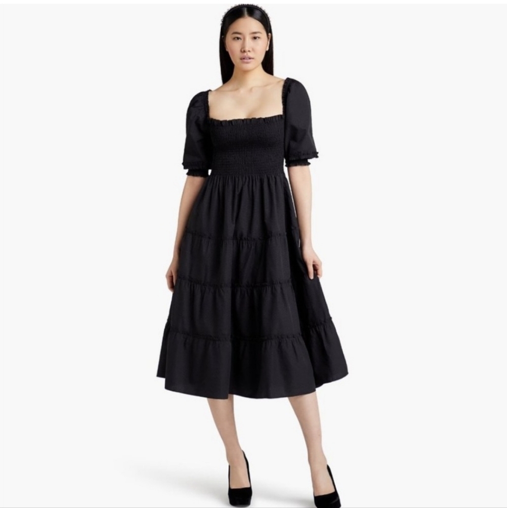 Hill House | Nesli Swiss Dot Tiered Midi Dress in Black Size XS